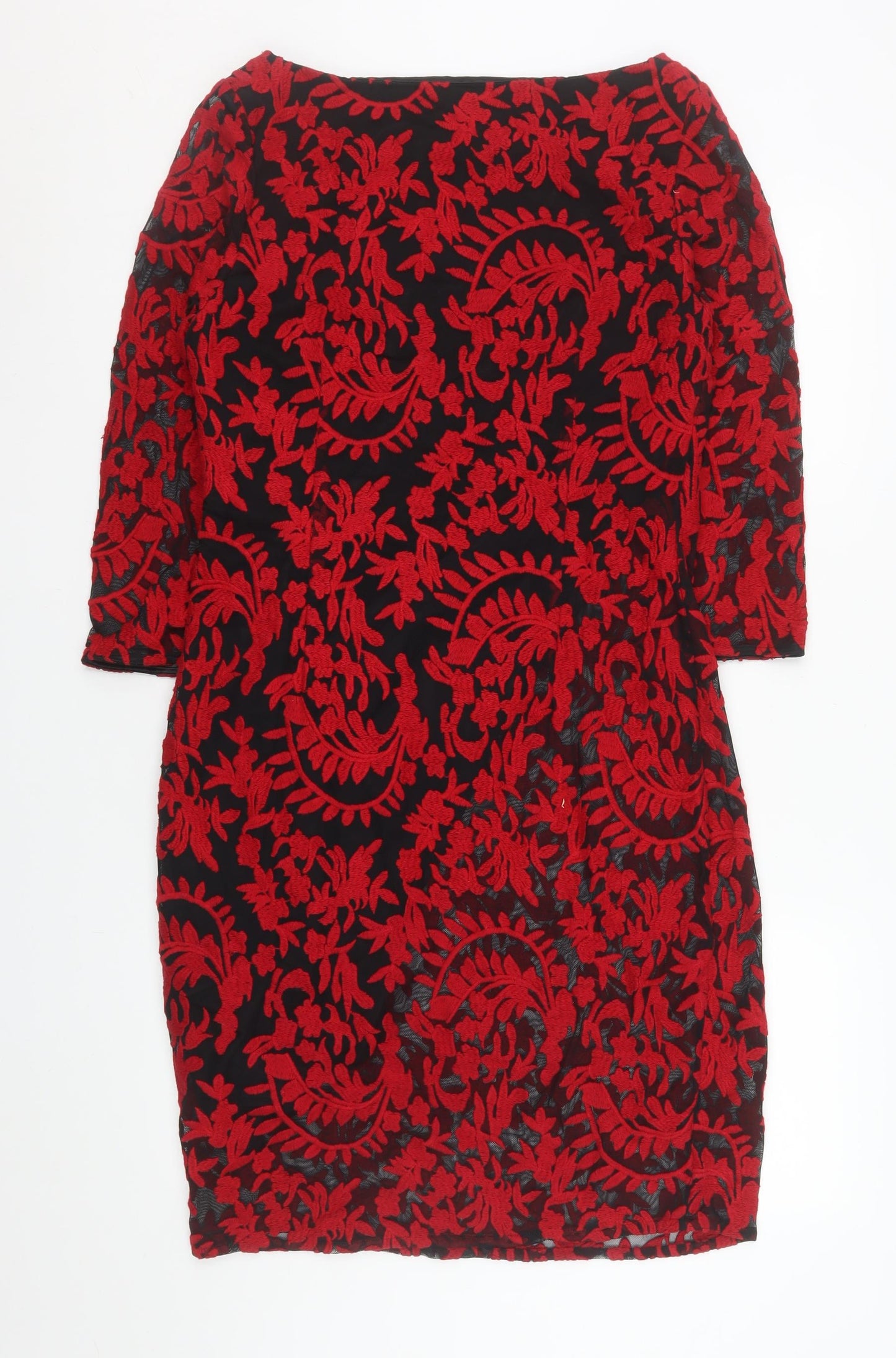 Monsoon Women Red Floral Lace Shift Dress Size 12 Knee Length 3/4 Sleeve