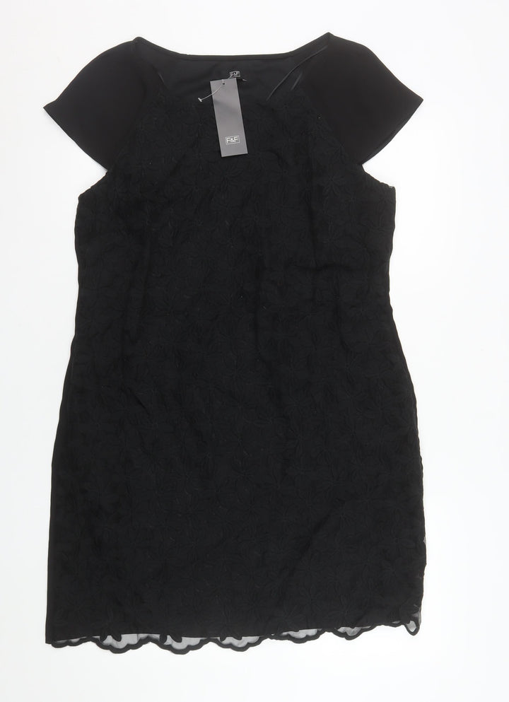 F&F Women’s Black Lace Shift Dress Size 16 Short Sleeve Knee Length