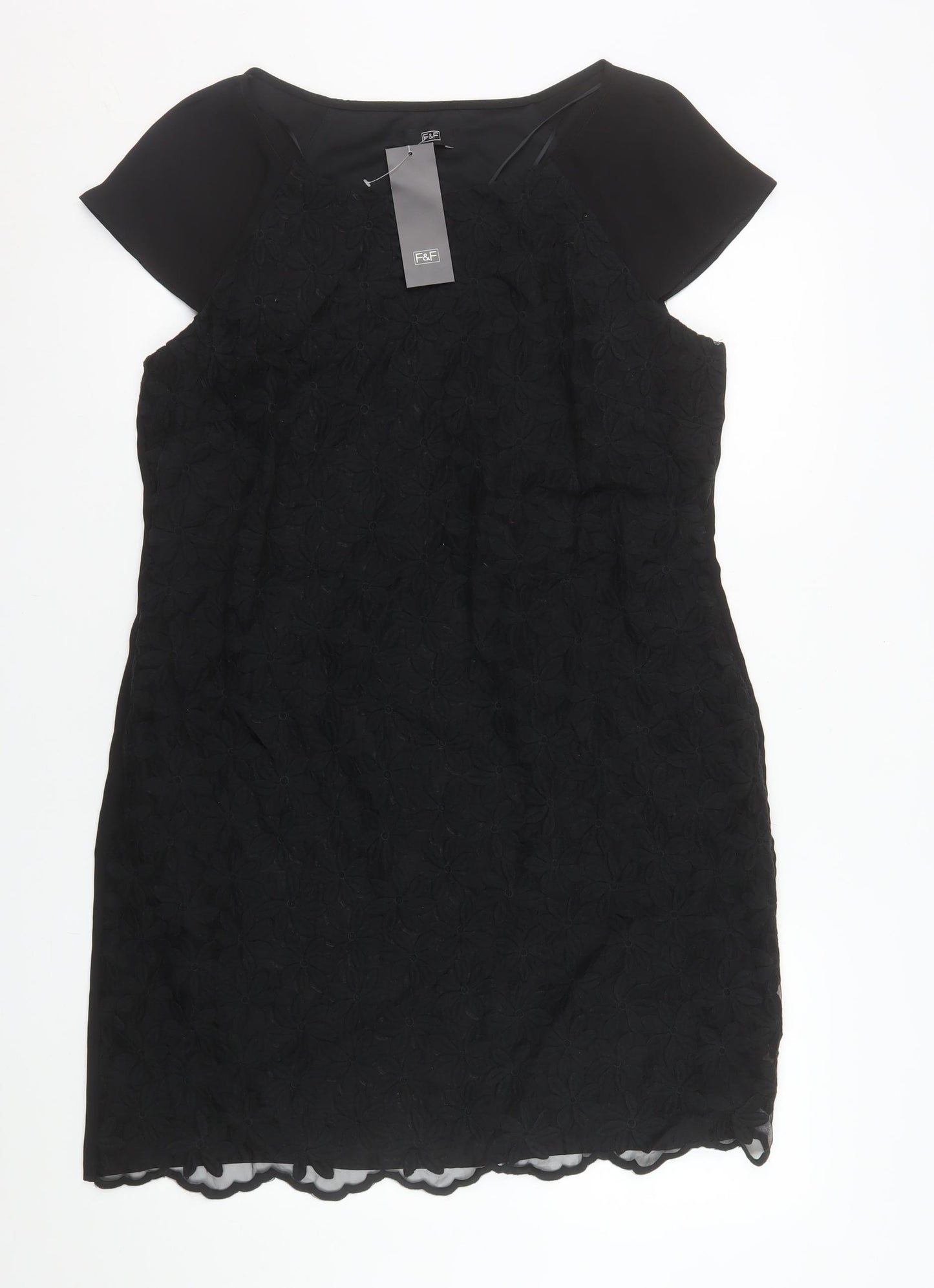 F&F Women’s Black Lace Shift Dress Size 16 Short Sleeve Knee Length
