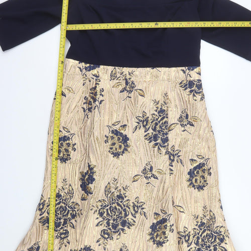 Red & Royal London Womens Gold Blue Fit & Flare Floral Off Shoulder Dress Size 2XL