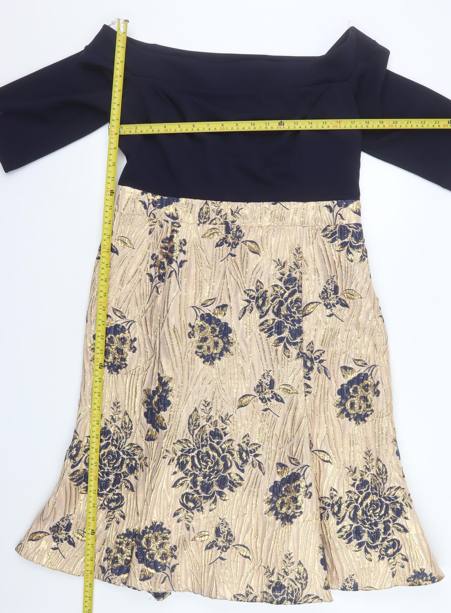 Red & Royal London Womens Gold Blue Fit & Flare Floral Off Shoulder Dress Size 2XL