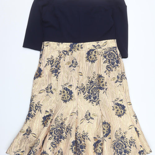 Red & Royal London Womens Gold Blue Fit & Flare Floral Off Shoulder Dress Size 2XL