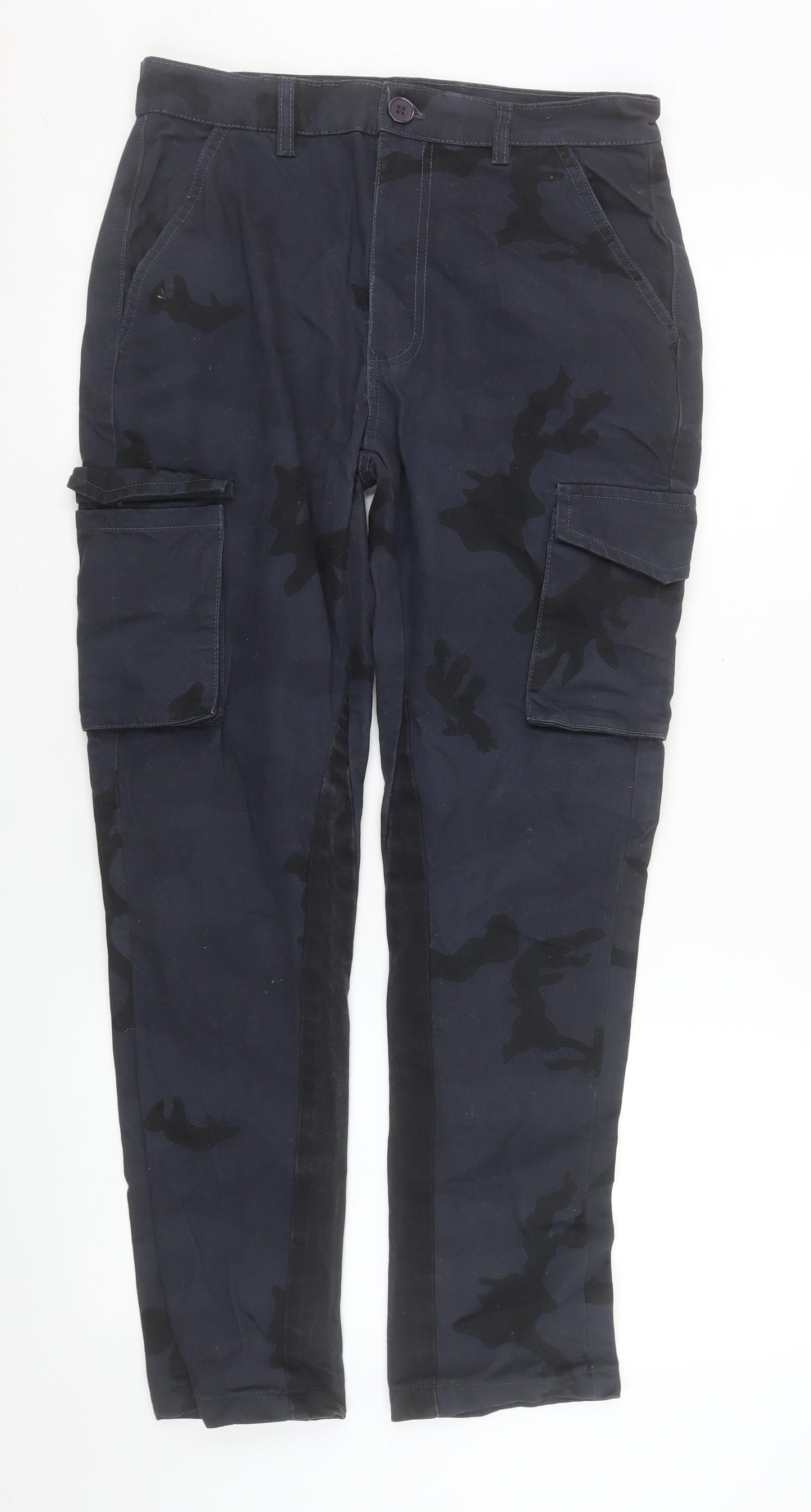 boohooMAN Men’s Blue Camouflage Cargo Trousers Size 30 Regular Fit