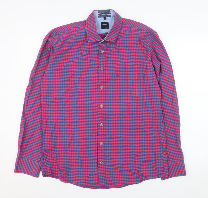 OLYMP Men Red Check Long Sleeve Cotton Button-Up Shirt M