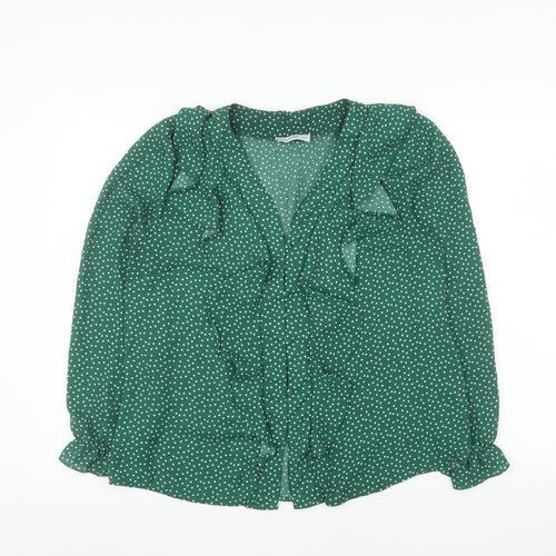 Gallery Women’s Green Polka Dot Ruffle V-Neck Blouse Size 14