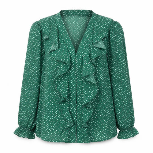 Gallery Women’s Green Polka Dot Ruffle V-Neck Blouse Size 14
