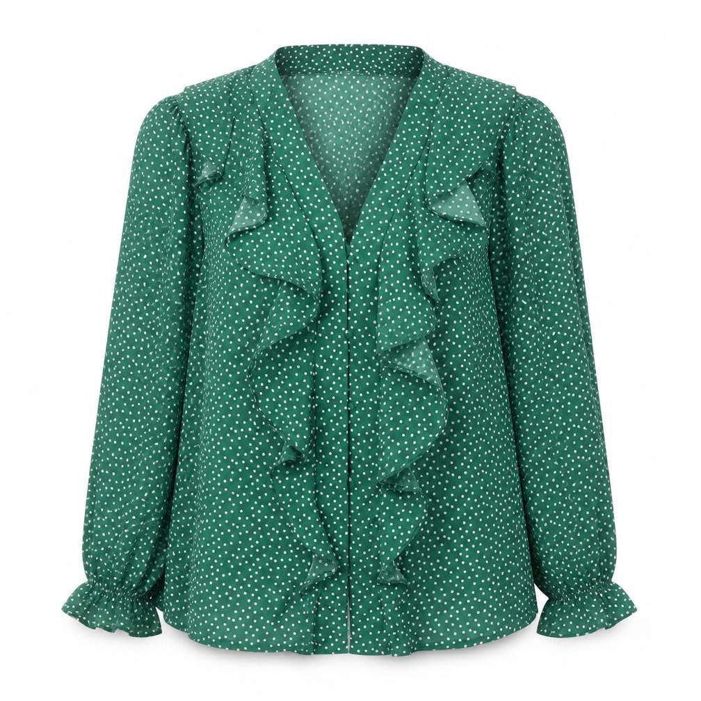 Gallery Women’s Green Polka Dot Ruffle V-Neck Blouse Size 14