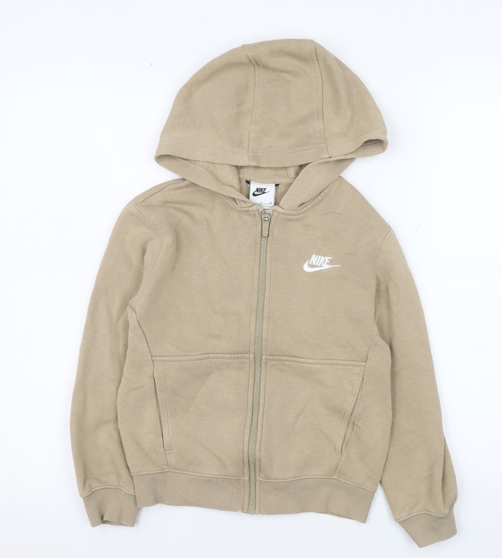 Nike Girls Beige Full Zip Hooded Basic Jacket 8-9 Years Cotton Blend