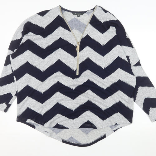Bonmarché Women Blue Geometric Zip V-Neck Jersey Top XL