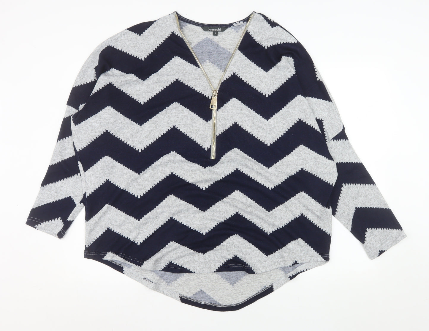 Bonmarché Women Blue Geometric Zip V-Neck Jersey Top XL