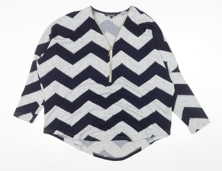 Bonmarché Women Blue Geometric Zip V-Neck Jersey Top XL