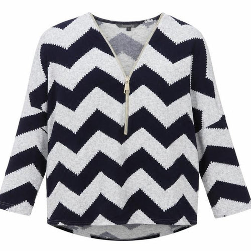 Bonmarché Women Blue Geometric Zip V-Neck Jersey Top XL