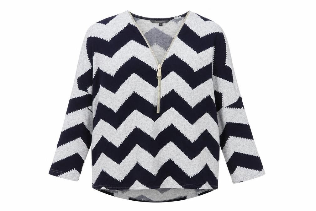 Bonmarché Women Blue Geometric Zip V-Neck Jersey Top XL