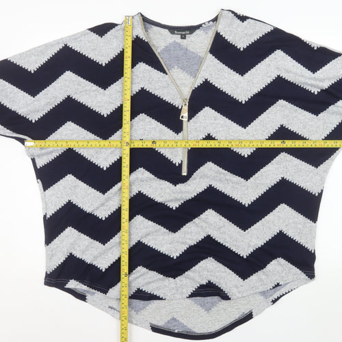 Bonmarché Women Blue Geometric Zip V-Neck Jersey Top XL