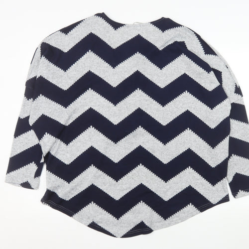 Bonmarché Women Blue Geometric Zip V-Neck Jersey Top XL