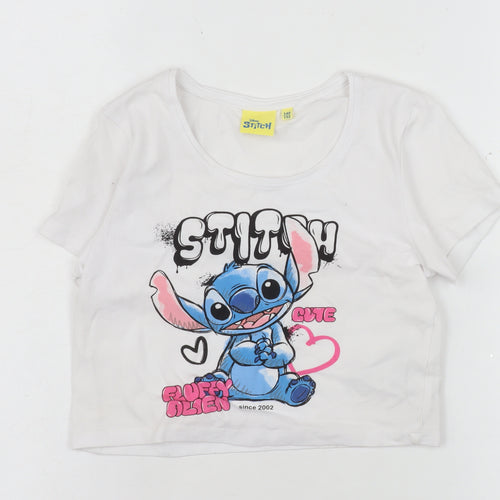Disney Stitch Girls White Cropped T-Shirt Size 146/152 Graphic Print Cotton