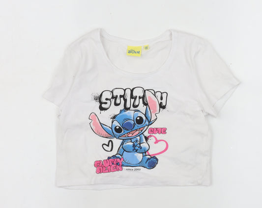 Disney Stitch Girls White Cropped T-Shirt Size 146/152 Graphic Print Cotton