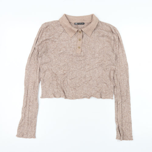 Zara Women Beige Cropped Knit Polo Top Size 12 Long Sleeve