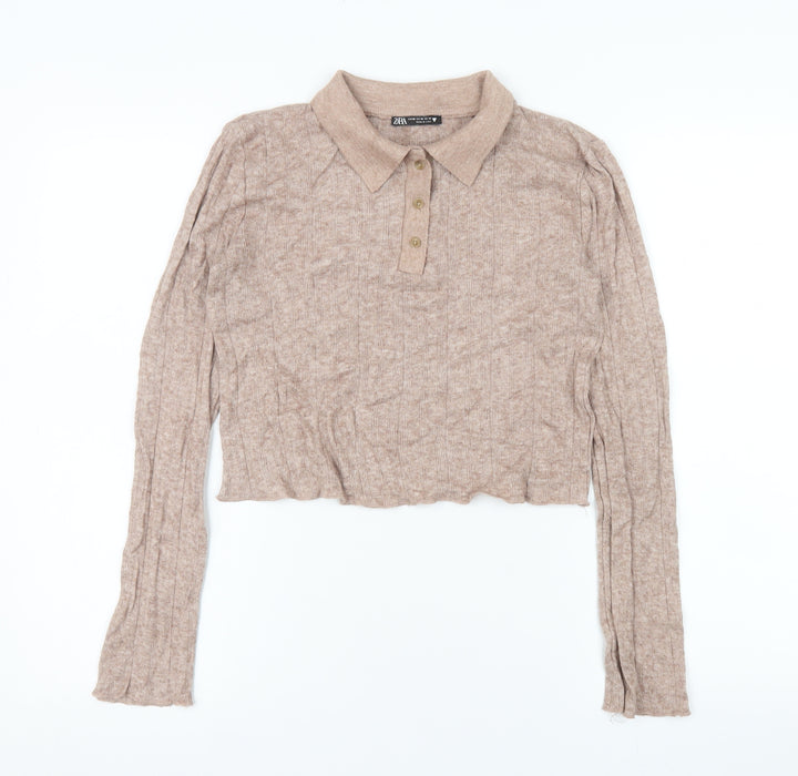 Zara Women Beige Cropped Knit Polo Top Size 12 Long Sleeve