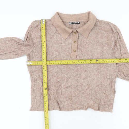 Zara Women Beige Cropped Knit Polo Top Size 12 Long Sleeve