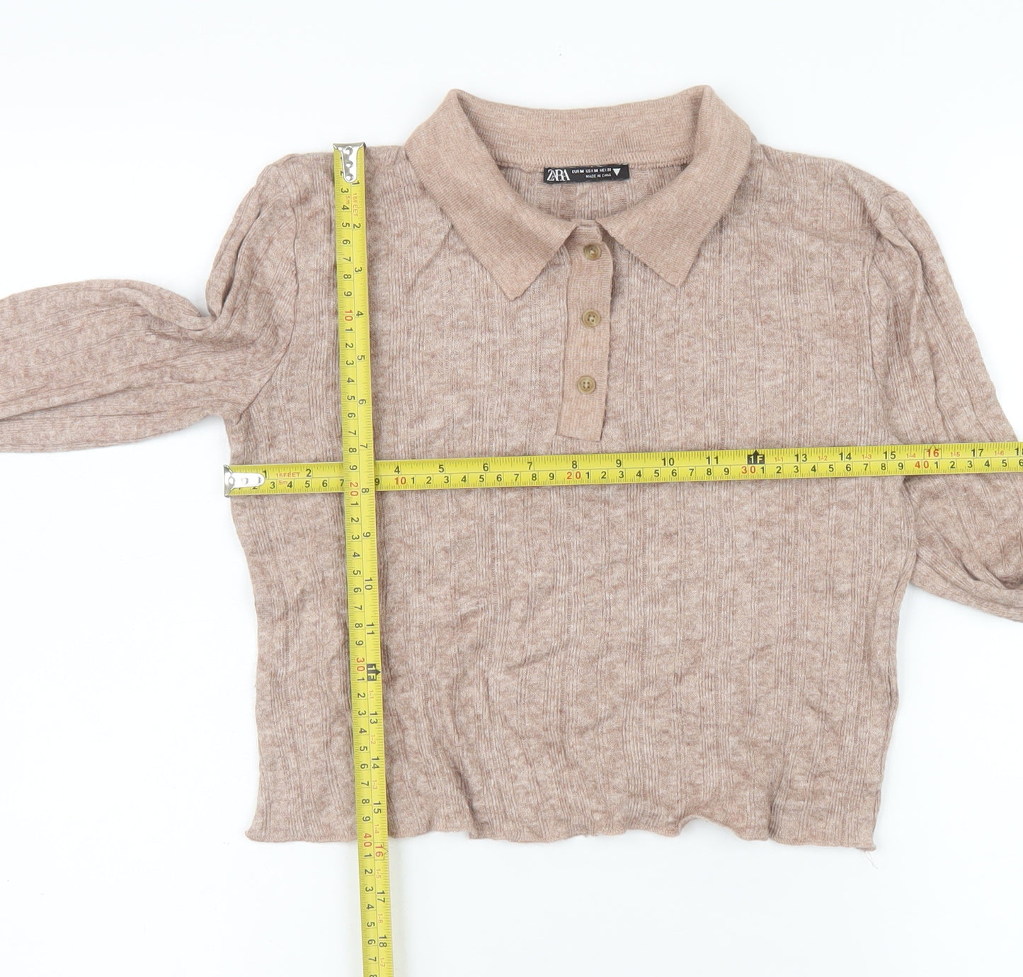 Zara Women Beige Cropped Knit Polo Top Size 12 Long Sleeve