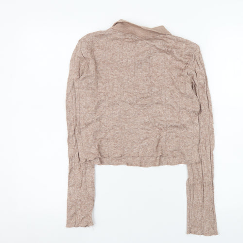 Zara Women Beige Cropped Knit Polo Top Size 12 Long Sleeve