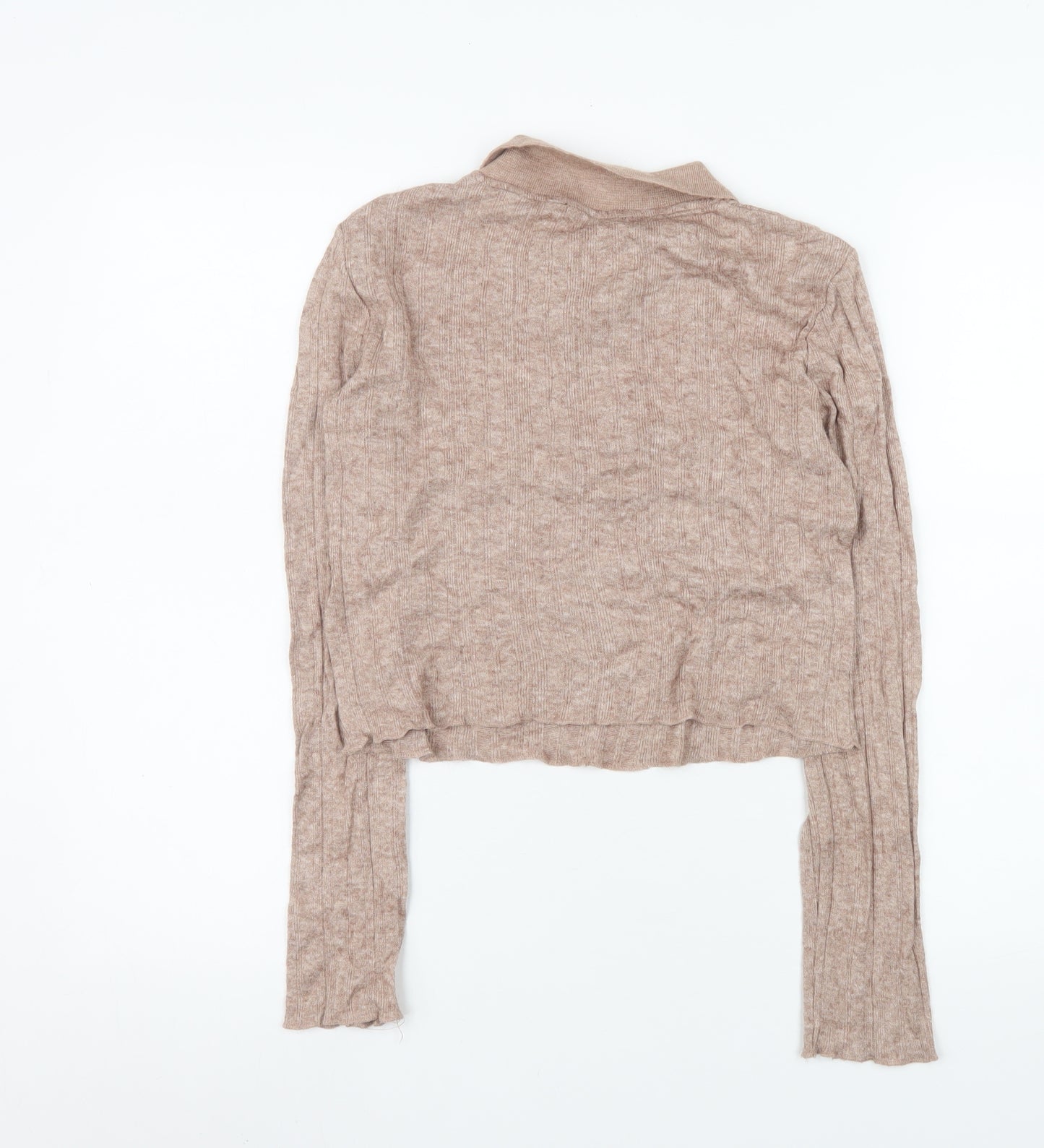 Zara Women Beige Cropped Knit Polo Top Size 12 Long Sleeve