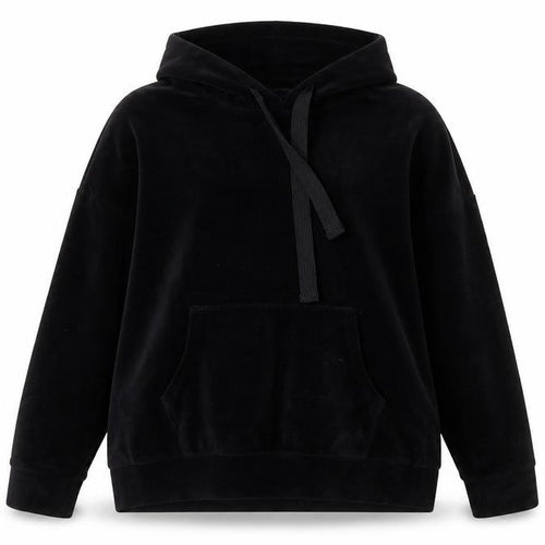 Lefties Women Black Velour Pullover Hoodie L Relaxed Fit Casual