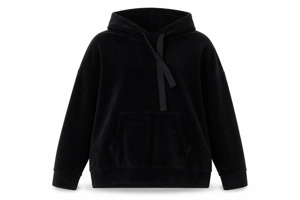 Lefties Women Black Velour Pullover Hoodie L Relaxed Fit Casual