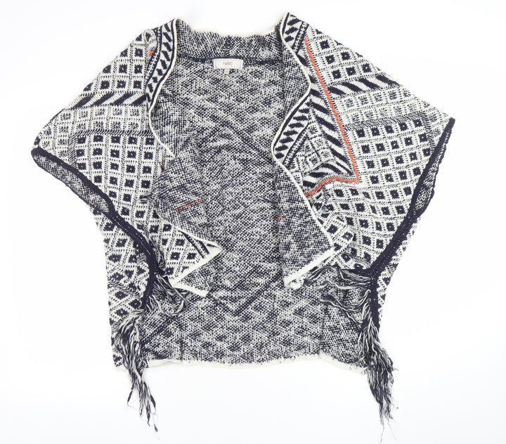 Next Women Blue Geometric Fringe Cape Medium Cotton Blend