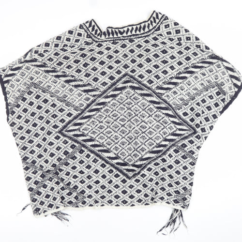 Next Women Blue Geometric Fringe Cape Medium Cotton Blend