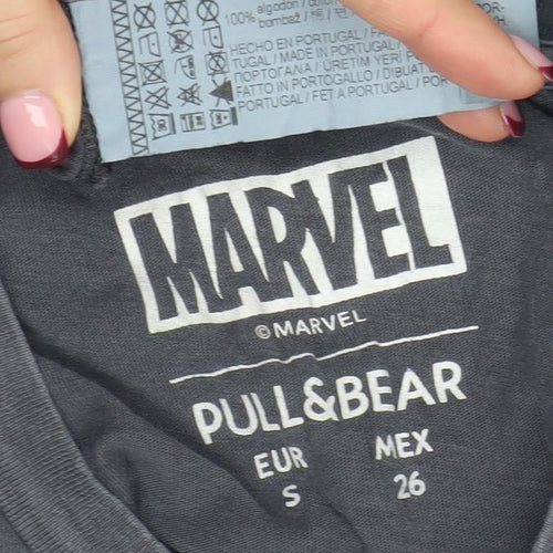 Pull&Bear Marvel Grey Cotton Women's T-Shirt Size S Casual