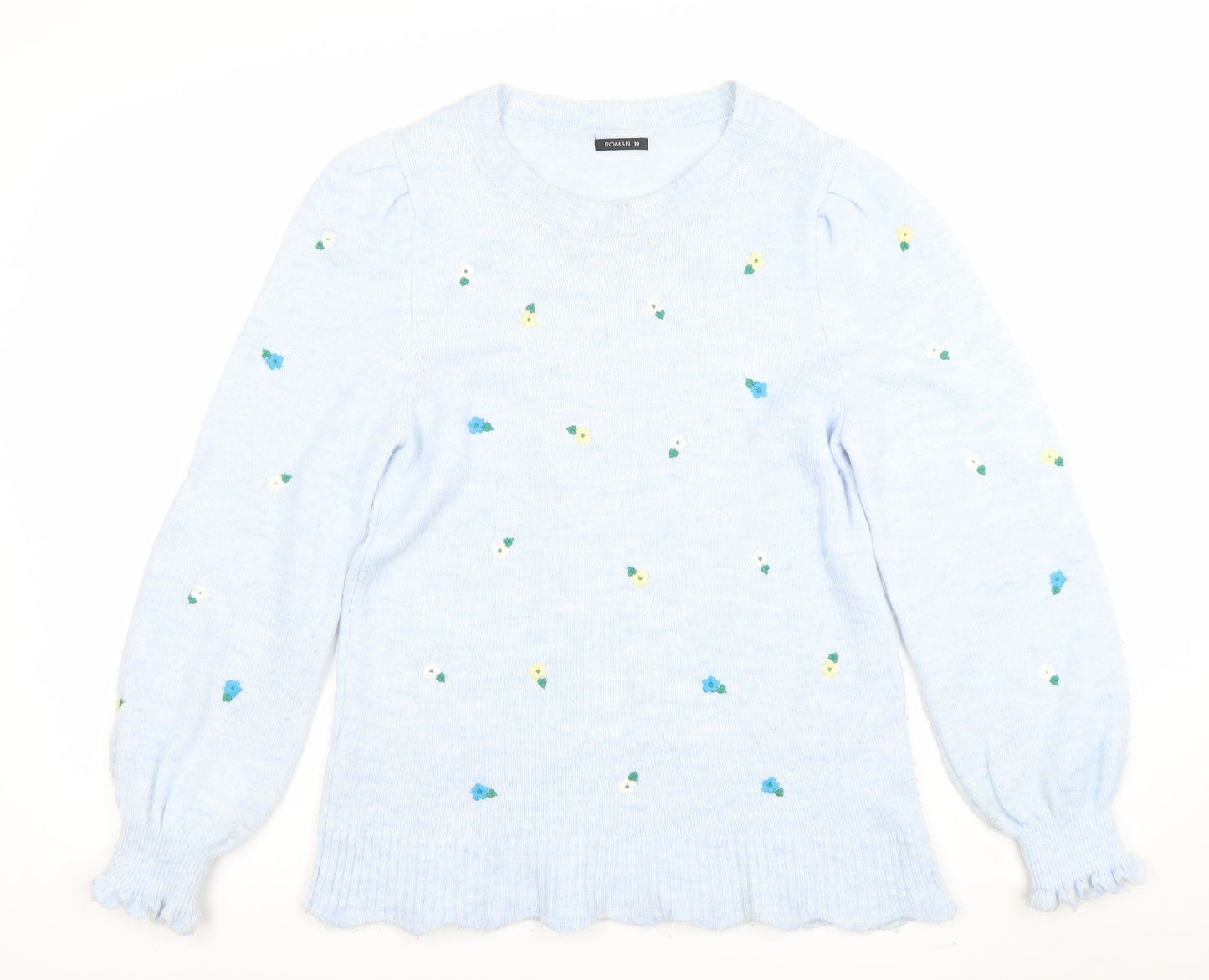 Roman Women Blue Floral Knit Crew Neck Long Sleeve Jumper Size 10