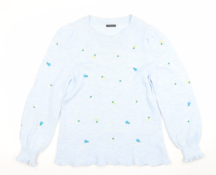 Roman Women Blue Floral Knit Crew Neck Long Sleeve Jumper Size 10