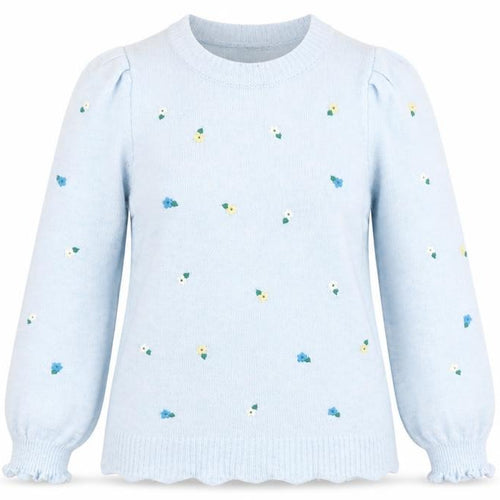 Roman Women Blue Floral Knit Crew Neck Long Sleeve Jumper Size 10