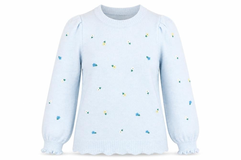 Roman Women Blue Floral Knit Crew Neck Long Sleeve Jumper Size 10