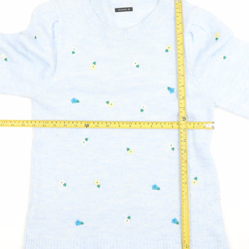 Roman Women Blue Floral Knit Crew Neck Long Sleeve Jumper Size 10