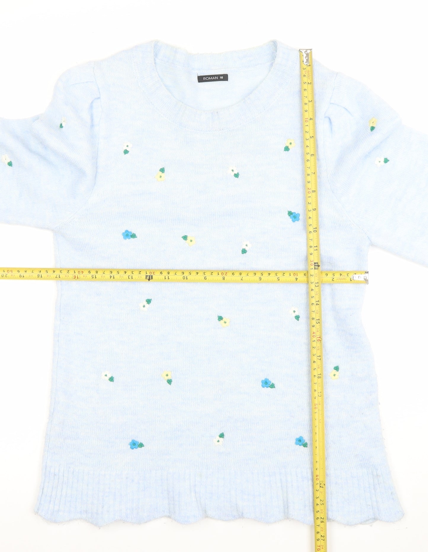 Roman Women Blue Floral Knit Crew Neck Long Sleeve Jumper Size 10