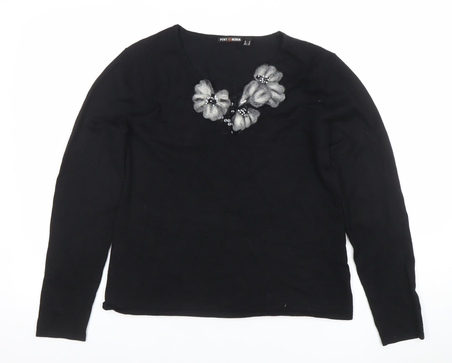 Punt Roma Womens Black Long Sleeve Embellished Knit Top M