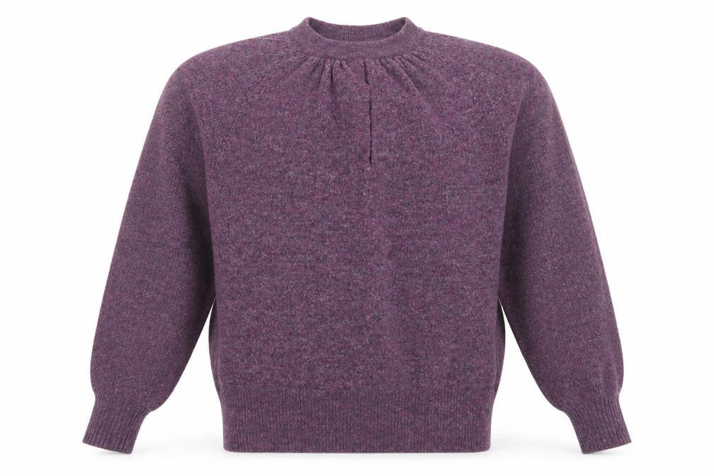 Front view of AND/OR unisex purple knit high neck jumper, size S