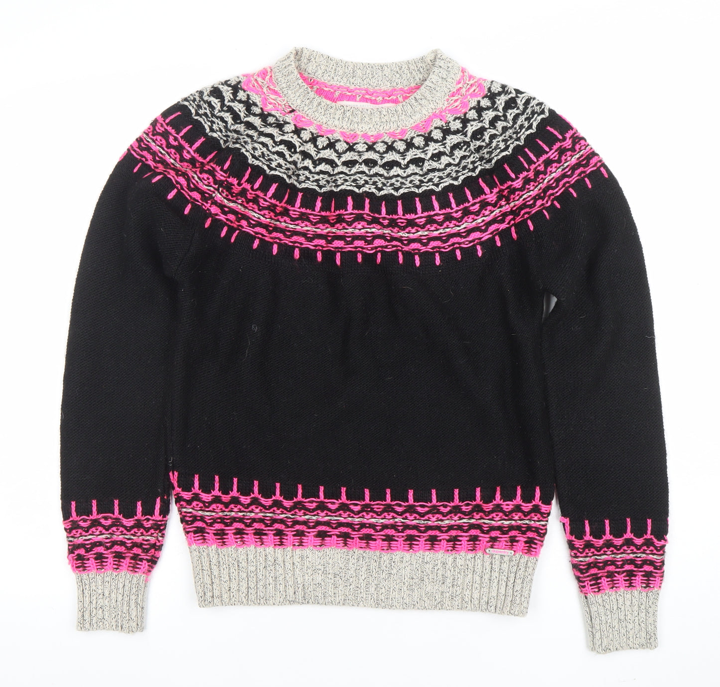 Superdry Men's Black Fair Isle Knit Jumper M Crew Neck Wool Blend