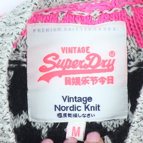Superdry Men's Black Fair Isle Knit Jumper M Crew Neck Wool Blend