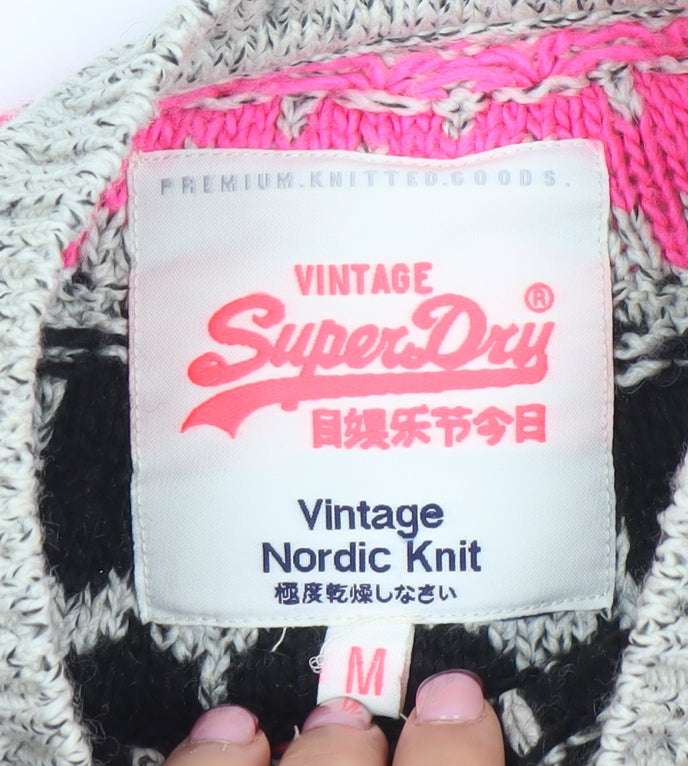 Superdry Men's Black Fair Isle Knit Jumper M Crew Neck Wool Blend