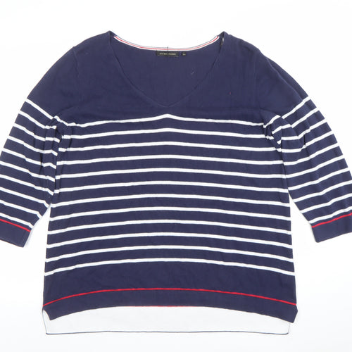 Jeanne Pierre Women Blue Striped V-Neck Cotton Knit Top Size 16