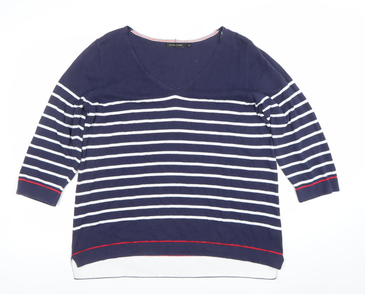 Jeanne Pierre Women Blue Striped V-Neck Cotton Knit Top Size 16