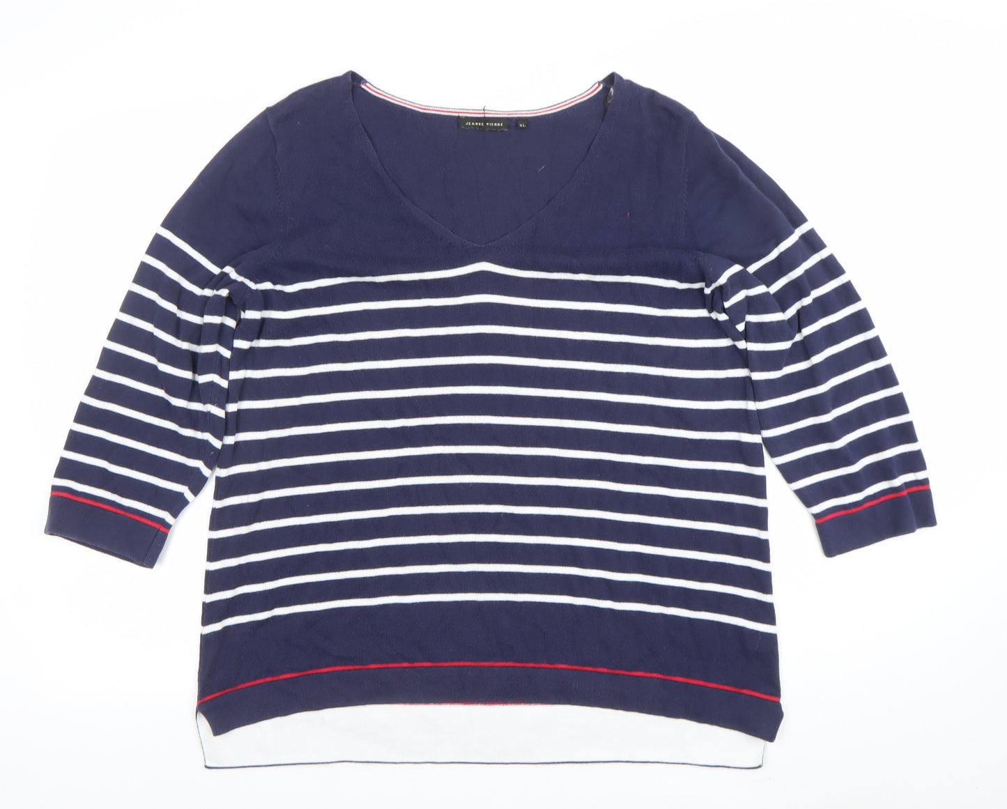 Jeanne Pierre Women Blue Striped V-Neck Cotton Knit Top Size 16