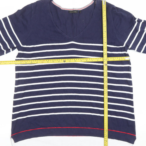 Jeanne Pierre Women Blue Striped V-Neck Cotton Knit Top Size 16