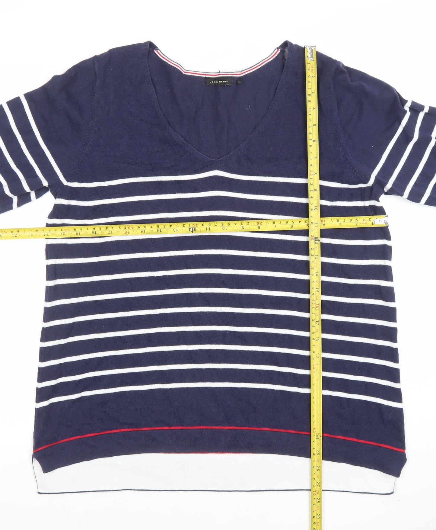 Jeanne Pierre Women Blue Striped V-Neck Cotton Knit Top Size 16