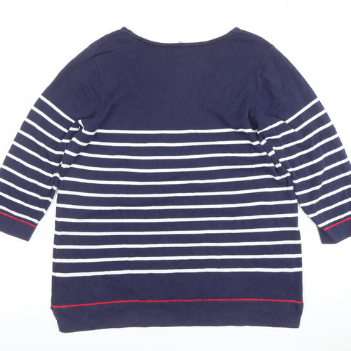 Jeanne Pierre Women Blue Striped V-Neck Cotton Knit Top Size 16