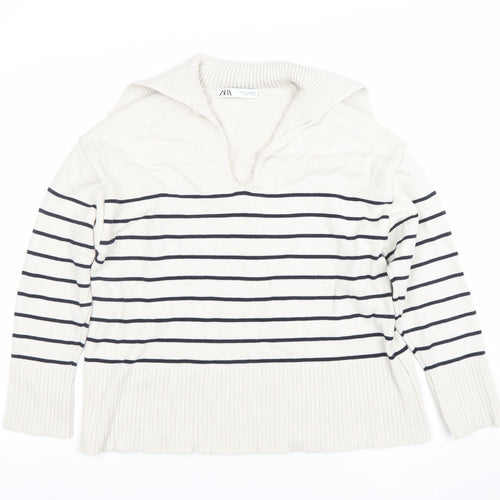 ZARA Women Ivory Striped Knit Collared Long Sleeve Pullover Jumper Size 10